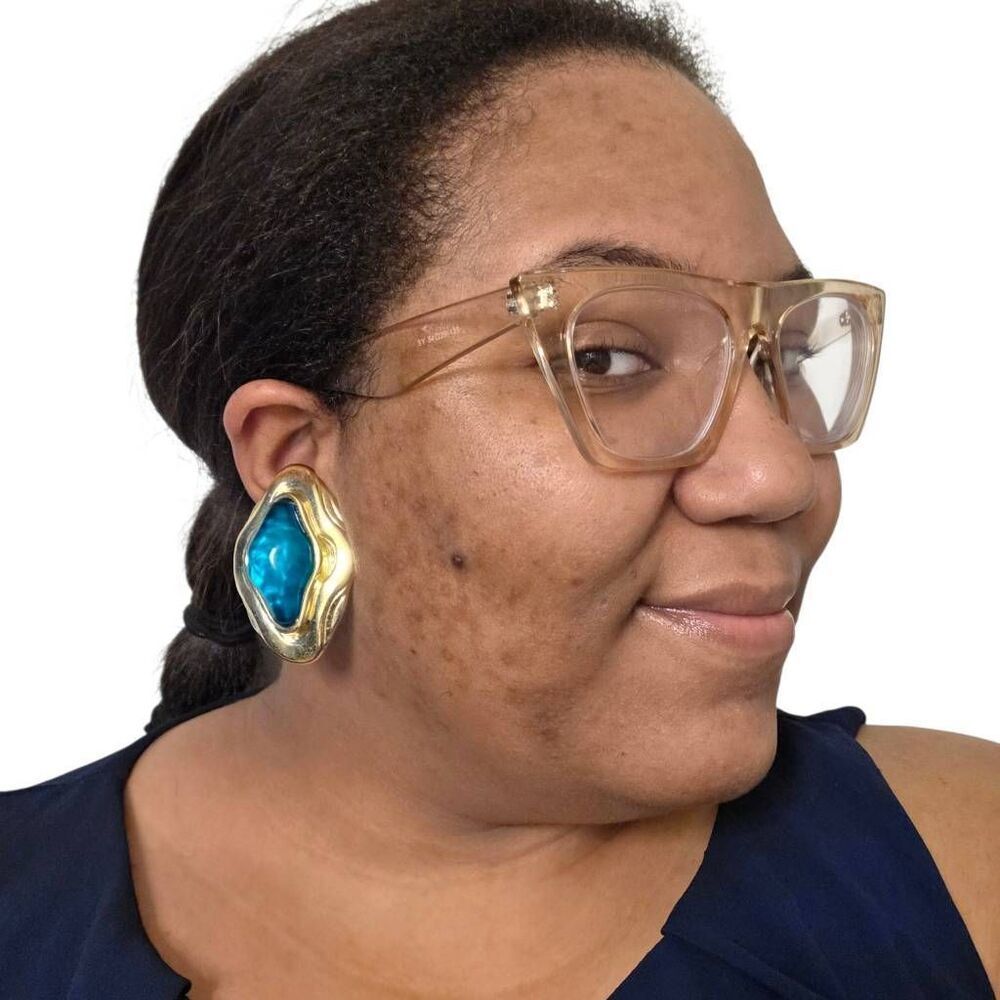1980s Sculptural Gold Wave Clip-On Earrings with Aqua Lucite Centers